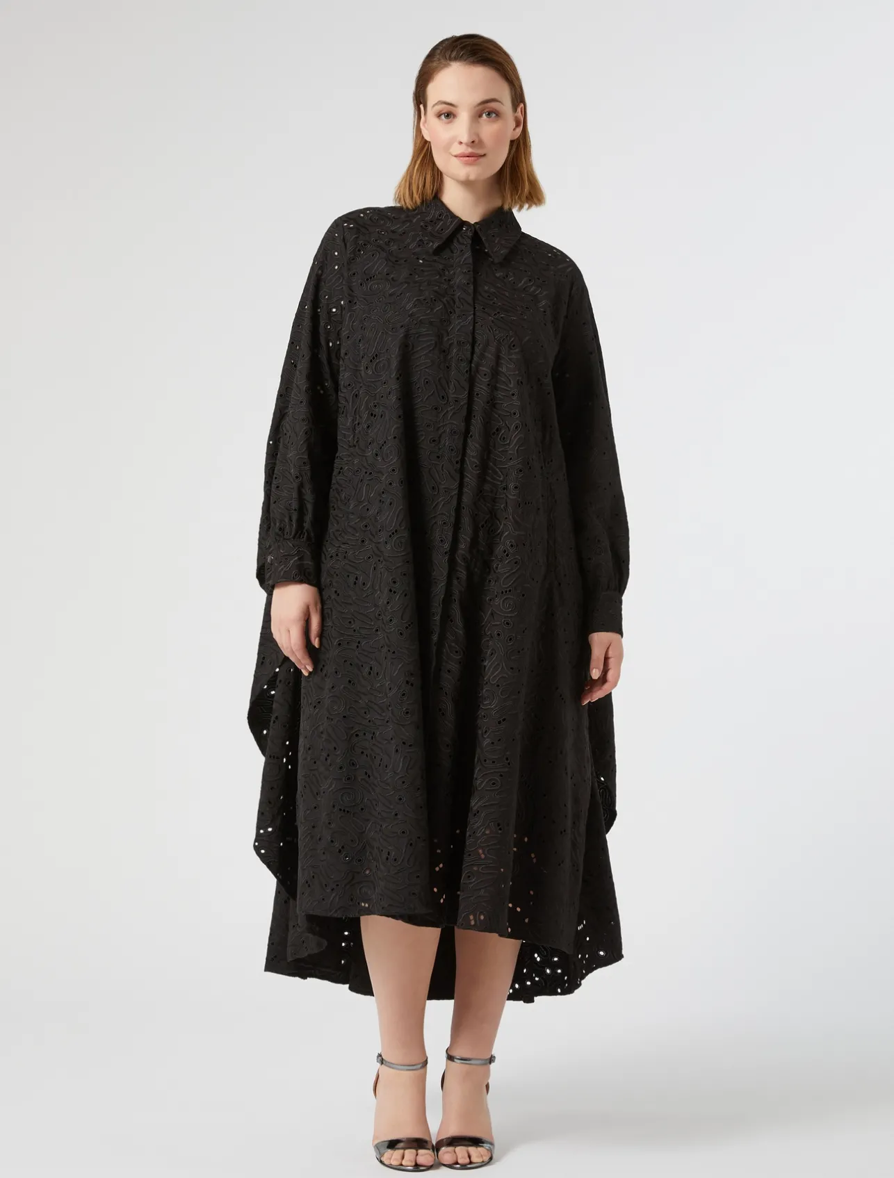 Fashion Marina Rinaldi Broderie anglaise poplin dress BLACK