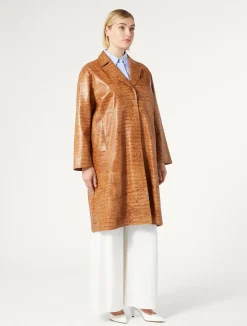 Fashion Marina Rinaldi Crocodile-print Nappa leather duster coat CAMEL
