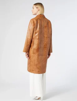 Fashion Marina Rinaldi Crocodile-print Nappa leather duster coat CAMEL