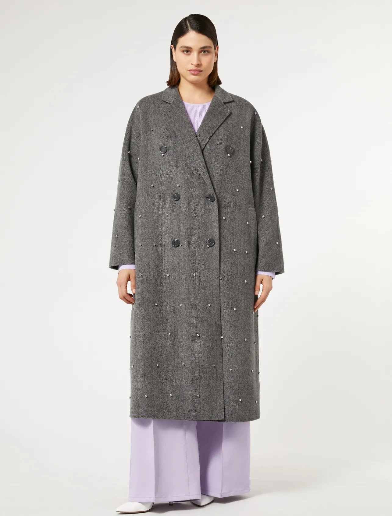 Best Marina Rinaldi Double-faced wool coat with embroidered details WHITEBLACK