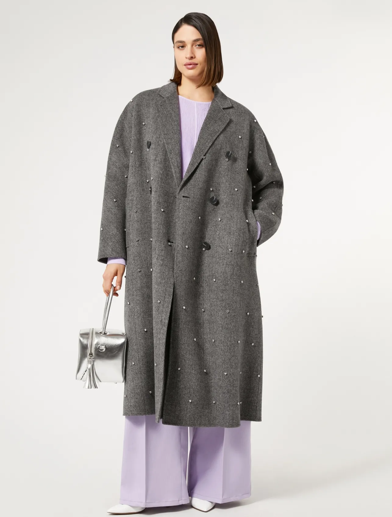 Best Marina Rinaldi Double-faced wool coat with embroidered details WHITEBLACK