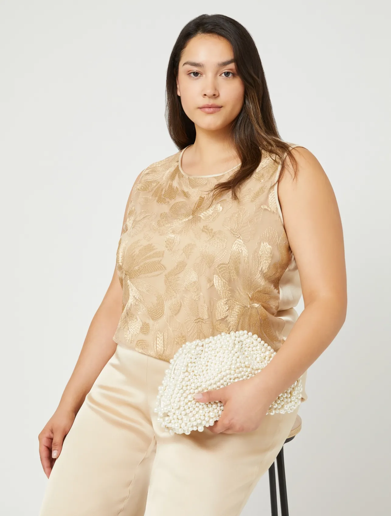 Discount Marina Rinaldi Embroidered tulle top LIGHTGOLD