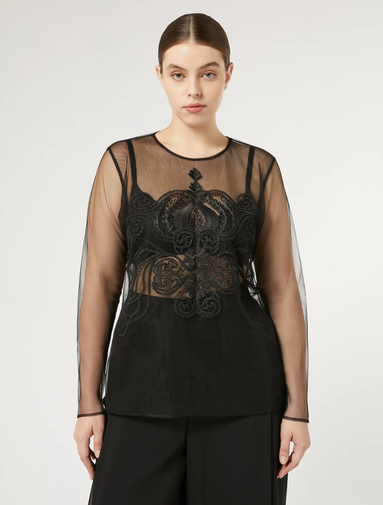Best Marina Rinaldi Embroidered tulle T-shirt BLACK