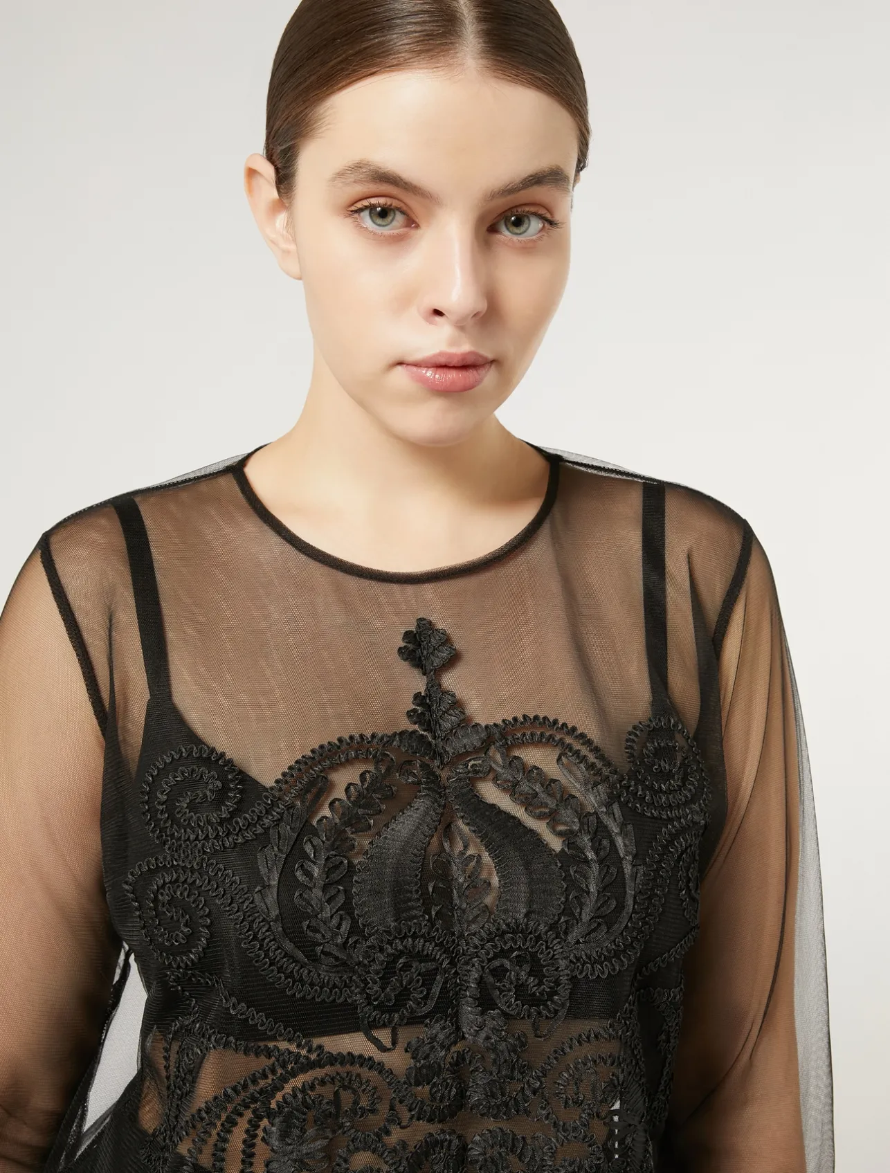 Best Marina Rinaldi Embroidered tulle T-shirt BLACK