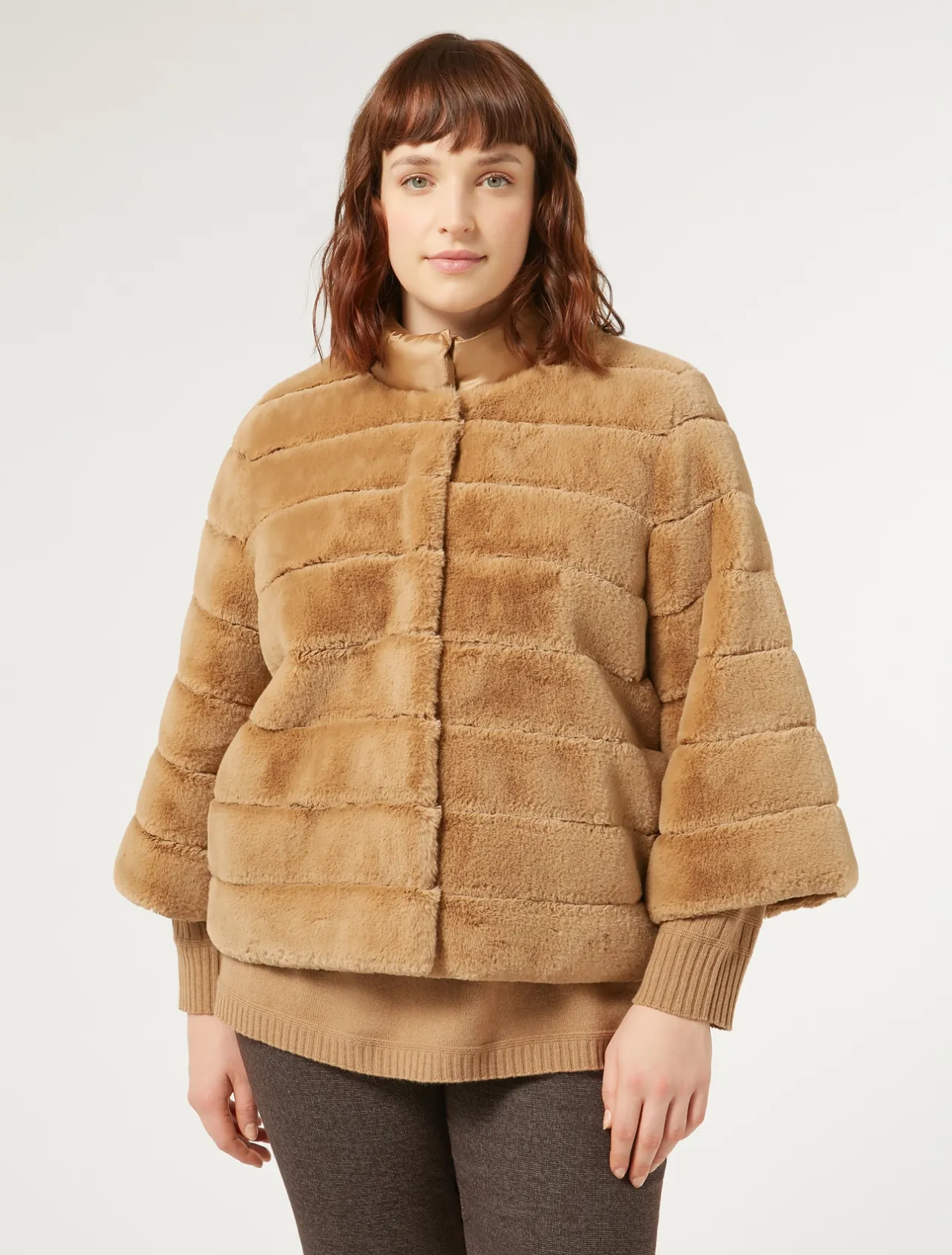 Online Marina Rinaldi Jacket in fur-effect fabric and nylon canvas CAMEL