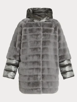 Online Marina Rinaldi Jacket in fur-effect fabric and nylon canvas MEDIUMGREY