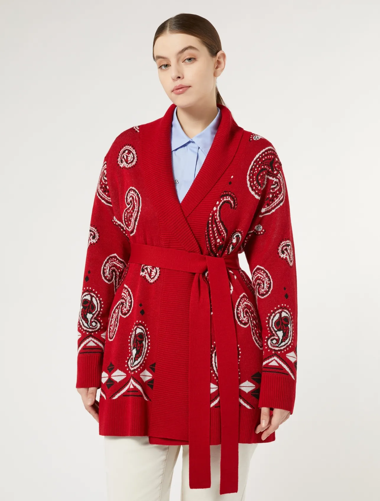 New Marina Rinaldi Jacquard wool-blend cardigan RED