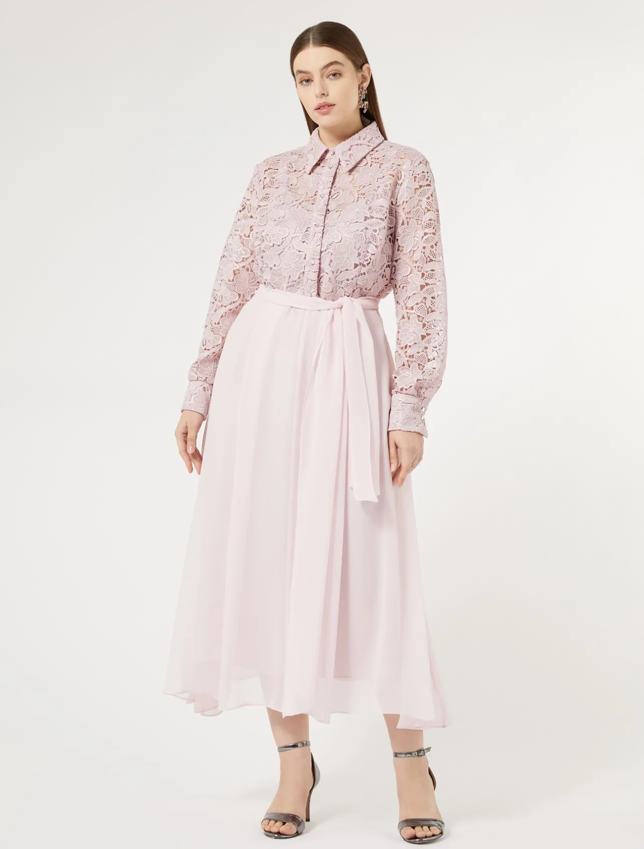 Fashion Marina Rinaldi Lace and silk shirt dress PINK