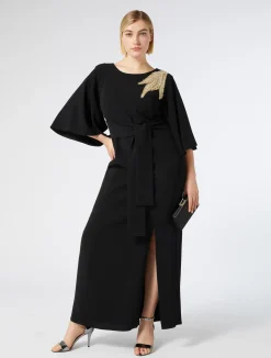 Sale Marina Rinaldi Long cady dress with embroidery BLACK
