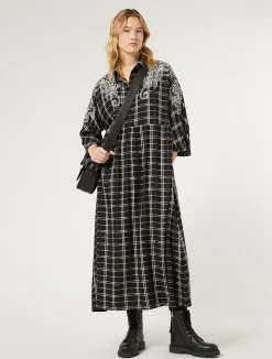 New Marina Rinaldi Long checked dress with embroidery BLACK