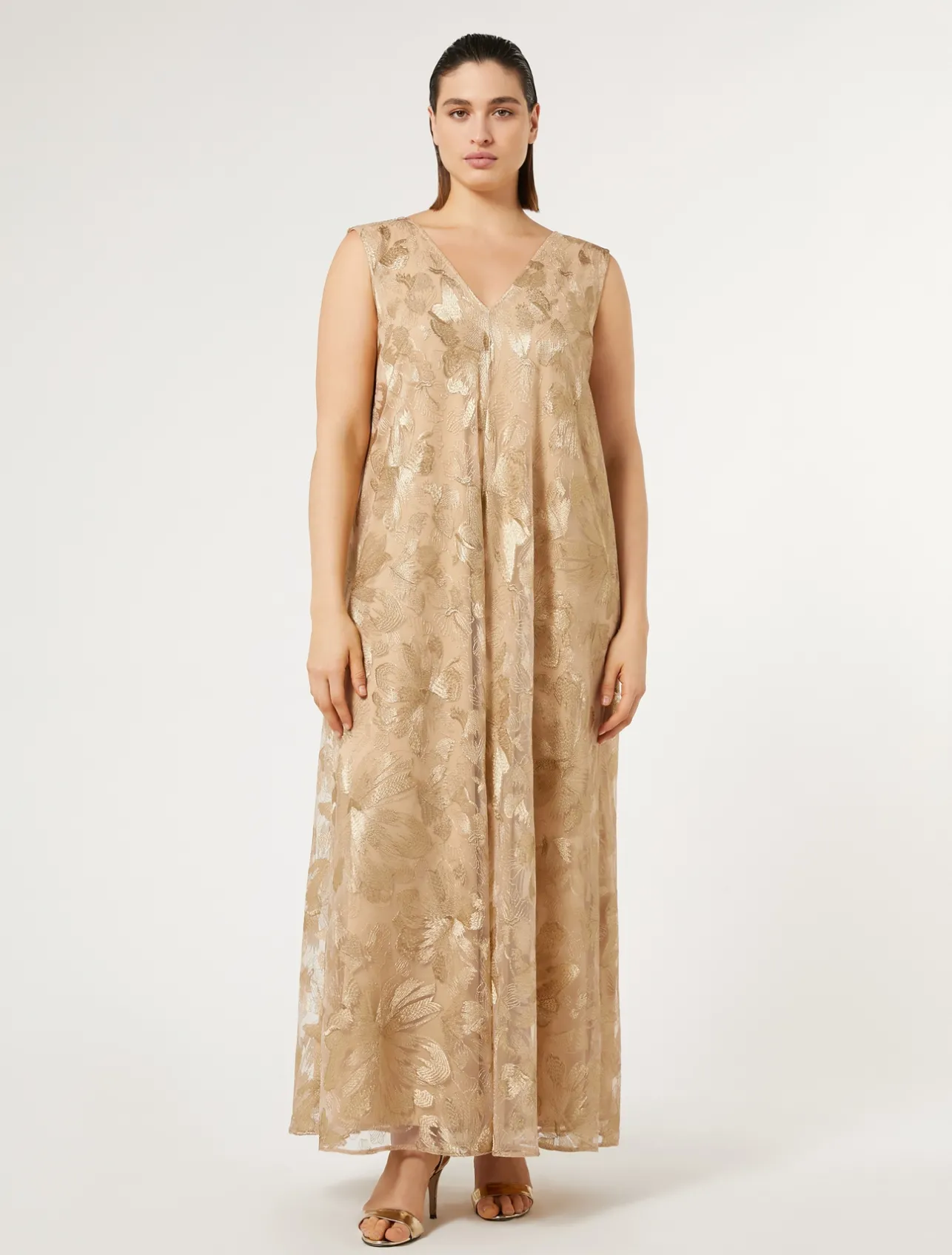 Fashion Marina Rinaldi Long embroidered tulle dress LIGHTGOLD