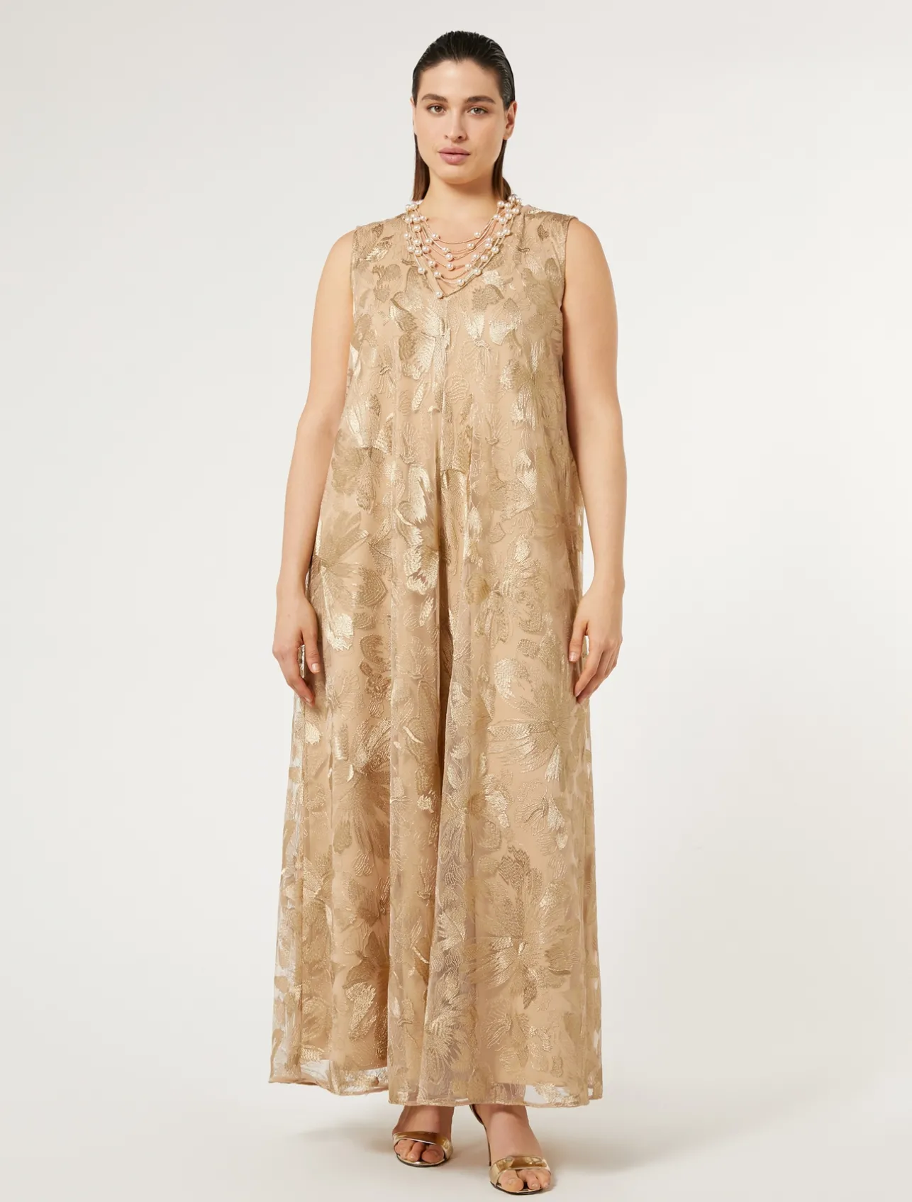Fashion Marina Rinaldi Long embroidered tulle dress LIGHTGOLD