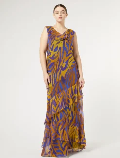 Fashion Marina Rinaldi Long printed georgette dress GOLD