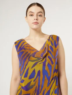 Fashion Marina Rinaldi Long printed georgette dress GOLD