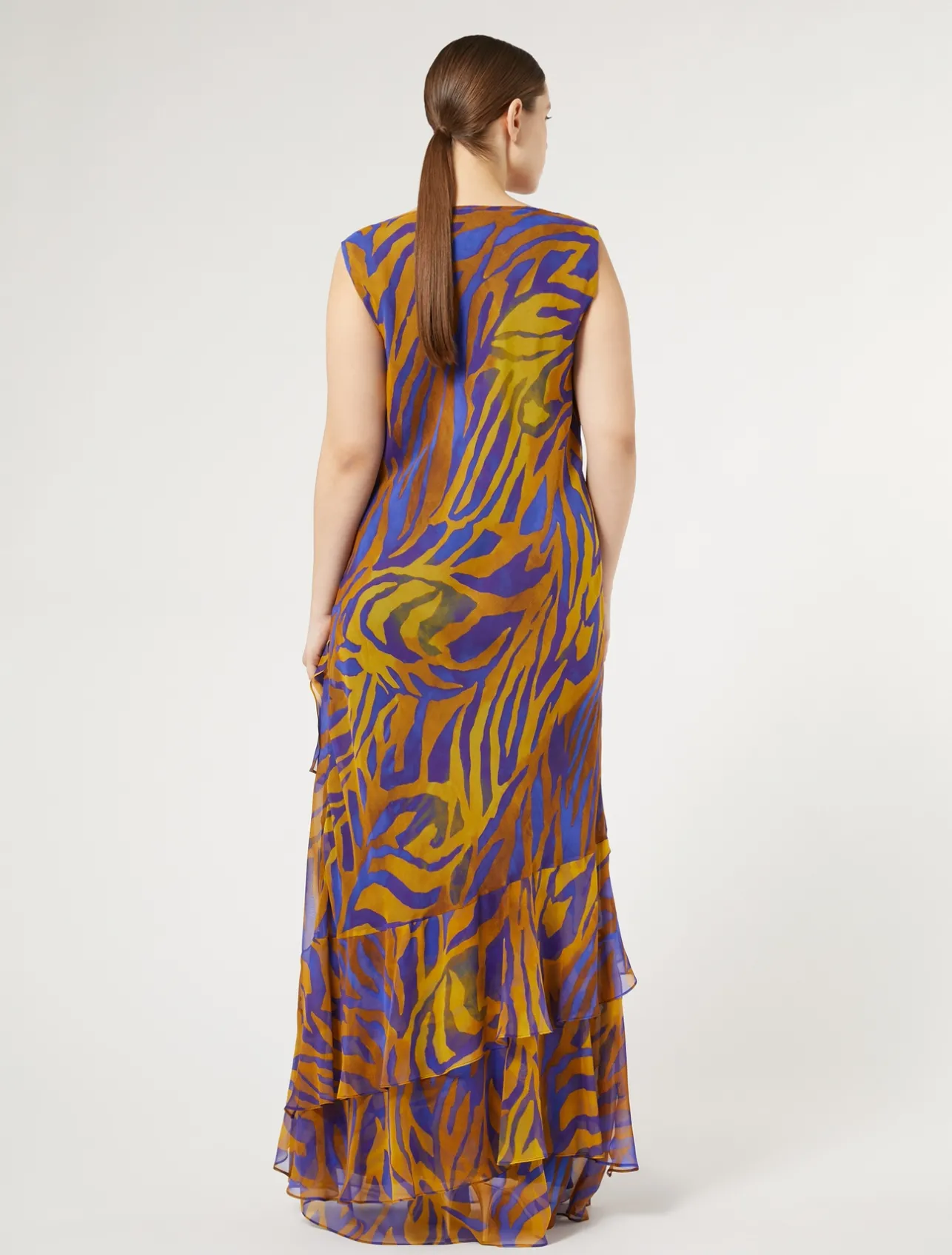 Fashion Marina Rinaldi Long printed georgette dress GOLD