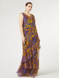 Fashion Marina Rinaldi Long printed georgette dress GOLD