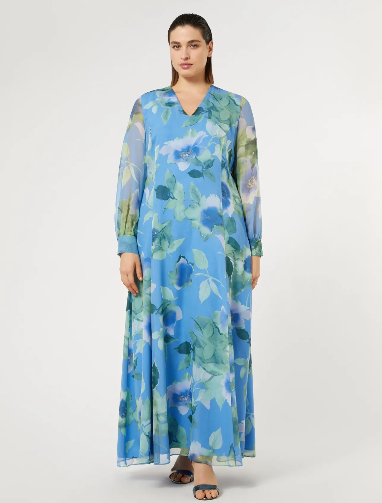 Outlet Marina Rinaldi Long silk georgette dress LIGHTBLUE