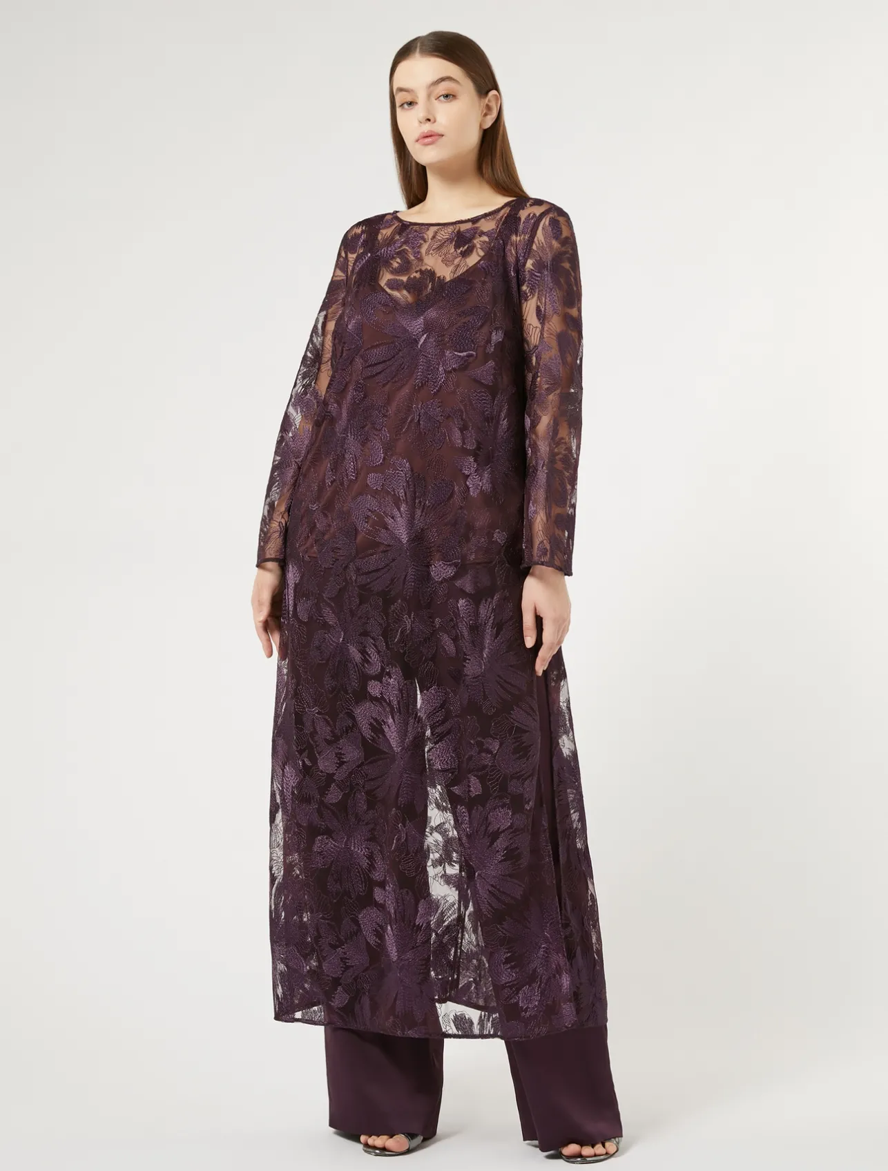 Clearance Marina Rinaldi Long tulle tunic with embroidery BORDEAUX