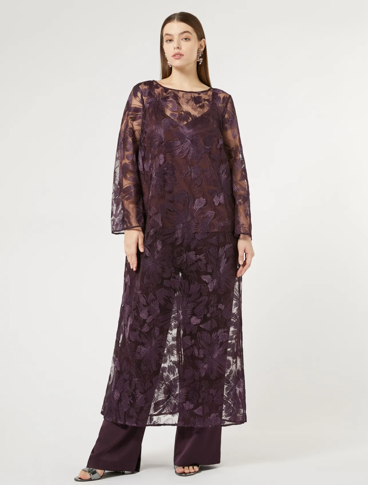 Clearance Marina Rinaldi Long tulle tunic with embroidery BORDEAUX
