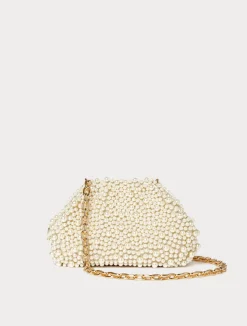 Fashion Marina Rinaldi Pearl-embellished satin clutch BEIGE