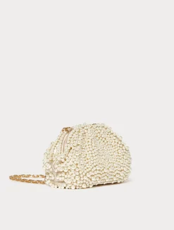 Fashion Marina Rinaldi Pearl-embellished satin clutch BEIGE