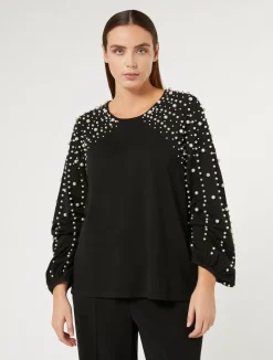 Fashion Marina Rinaldi Pearl-embellished viscose stretch sweater BLACK
