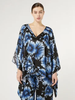 Sale Marina Rinaldi Printed satin poncho BLACK