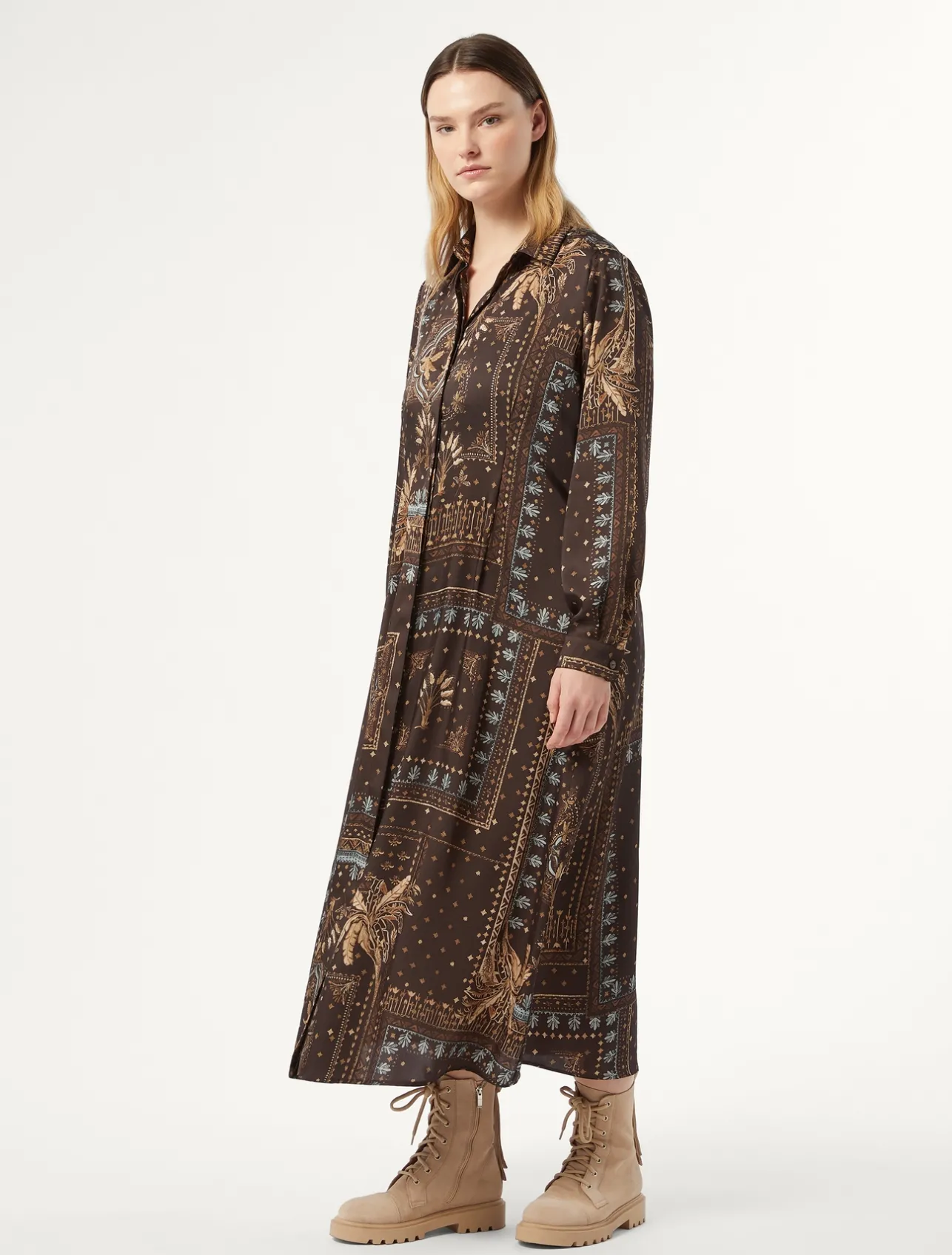 New Marina Rinaldi Printed twill dress BROWNBORDEAUX