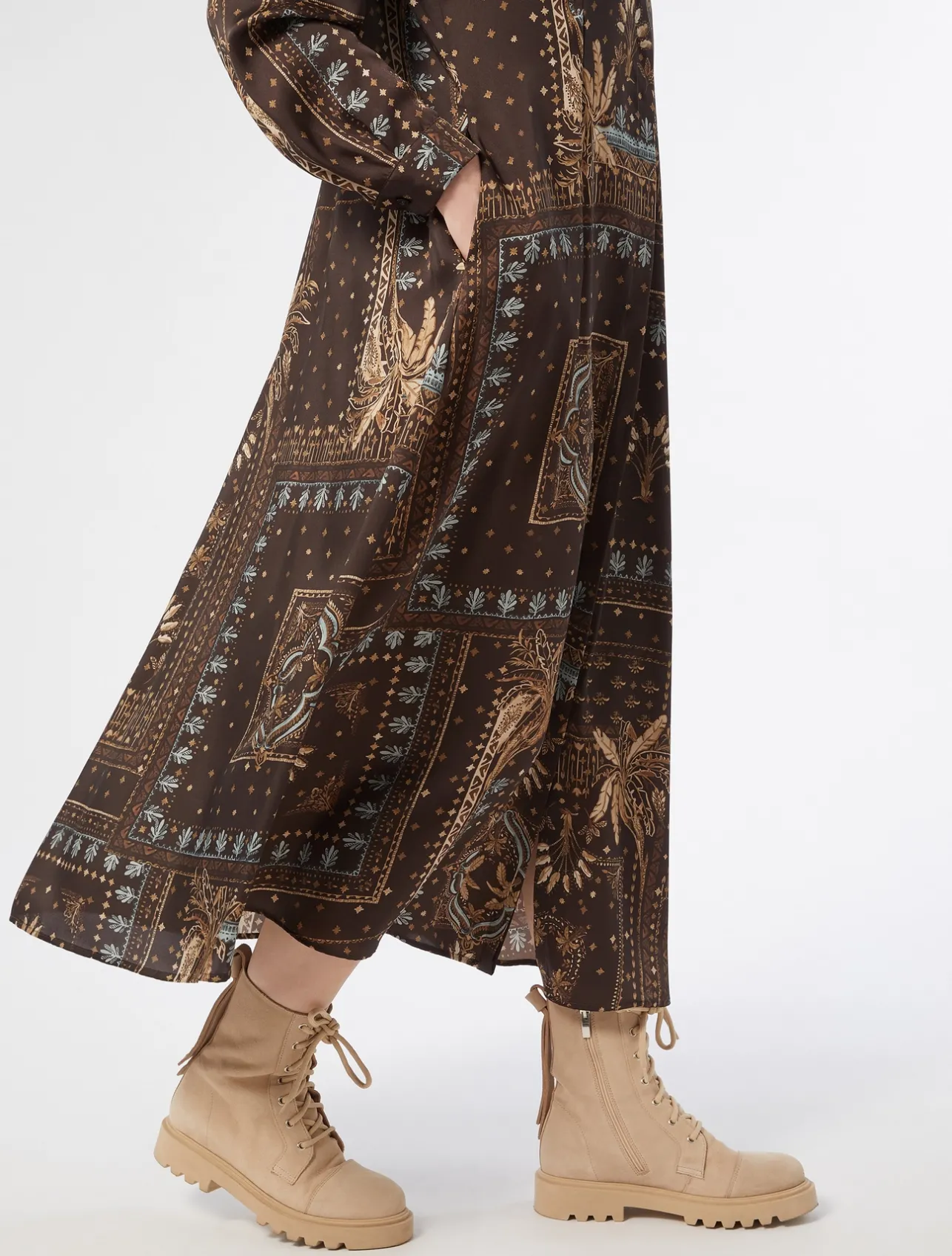 New Marina Rinaldi Printed twill dress BROWNBORDEAUX
