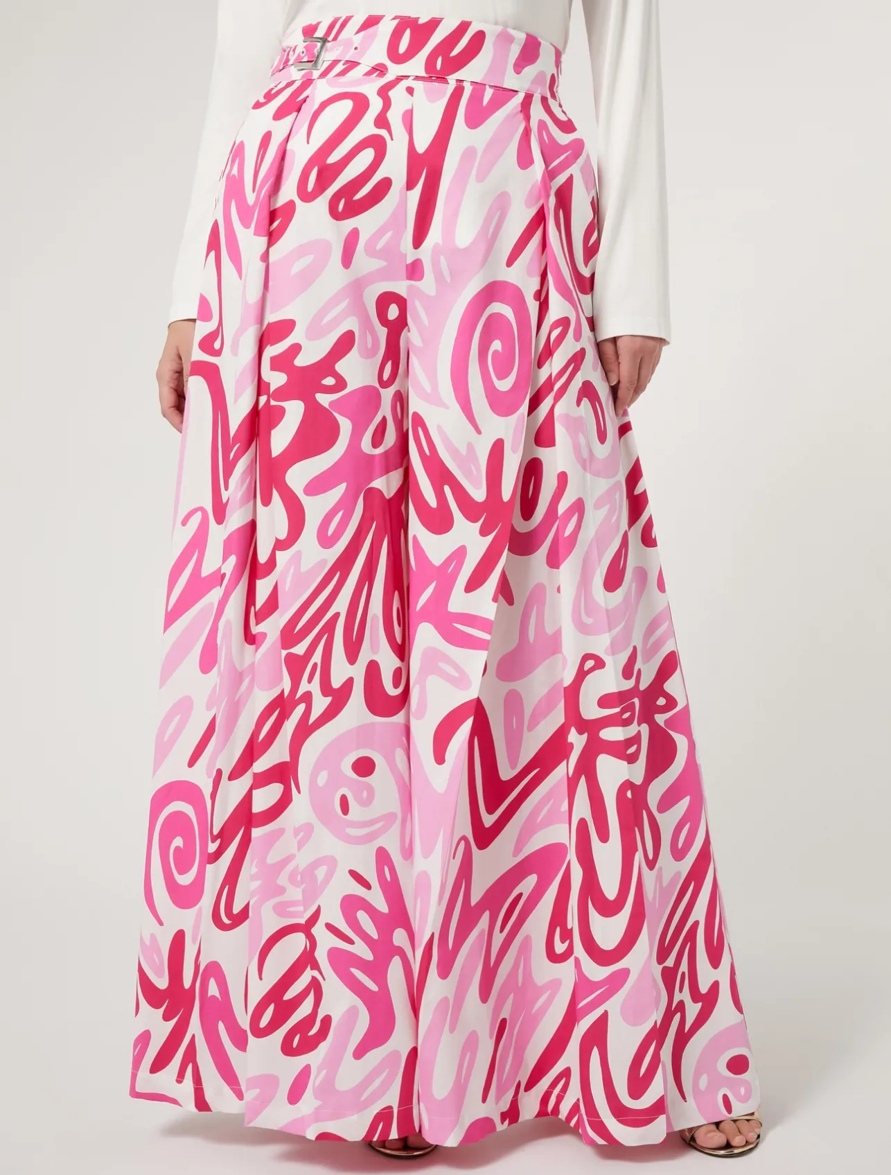 Outlet Marina Rinaldi Wide leg trousers in printed poplin WHITE