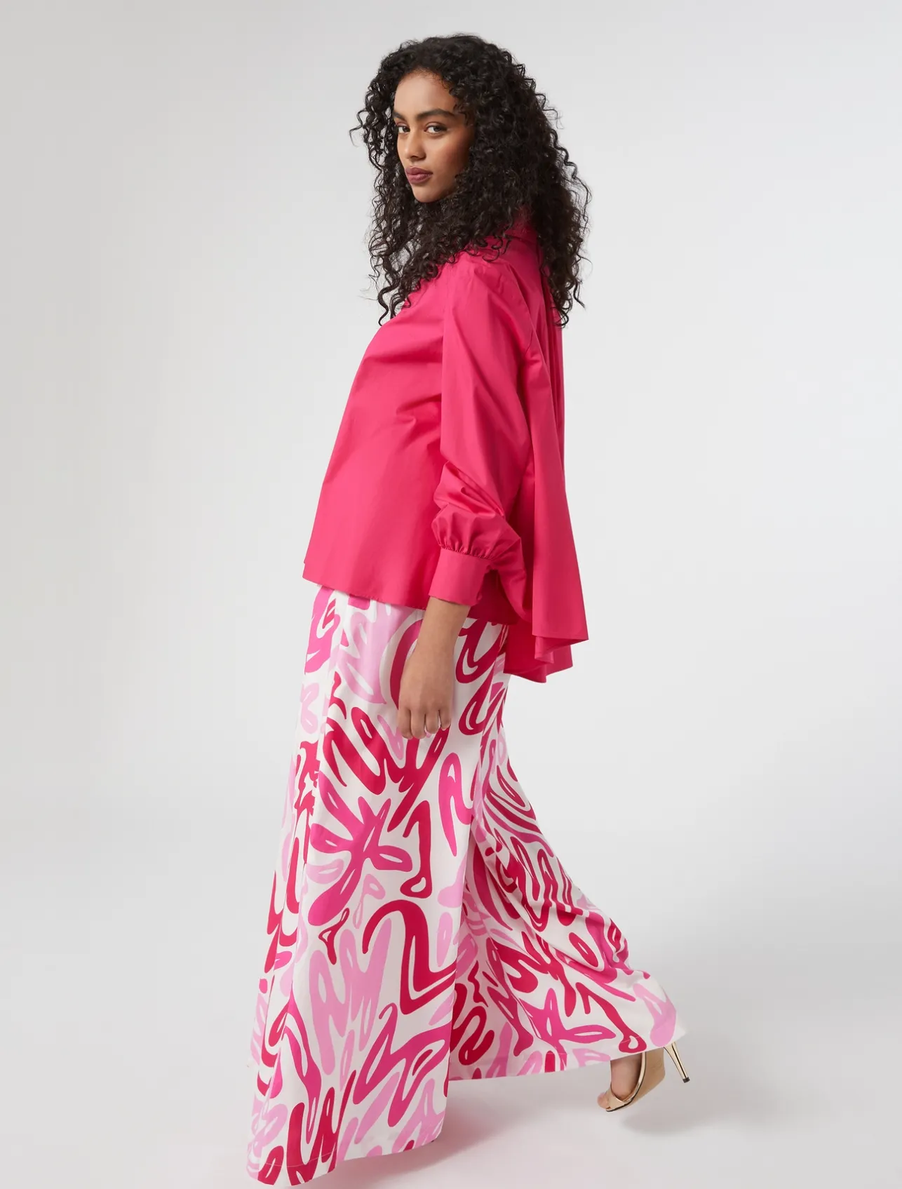 Outlet Marina Rinaldi Wide leg trousers in printed poplin WHITE